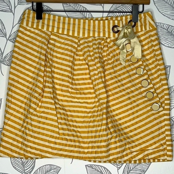 Anthropologie Leifsdottir Mini Skirt 6 Seersucker Striped Yellow Button Boho - Picture 1 of 10